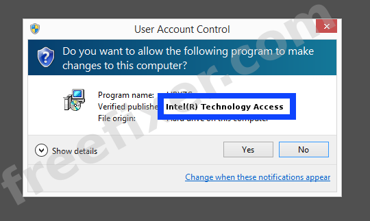 Screenshot where Intel(R) Technology Access appears as the verified publisher in the UAC dialog